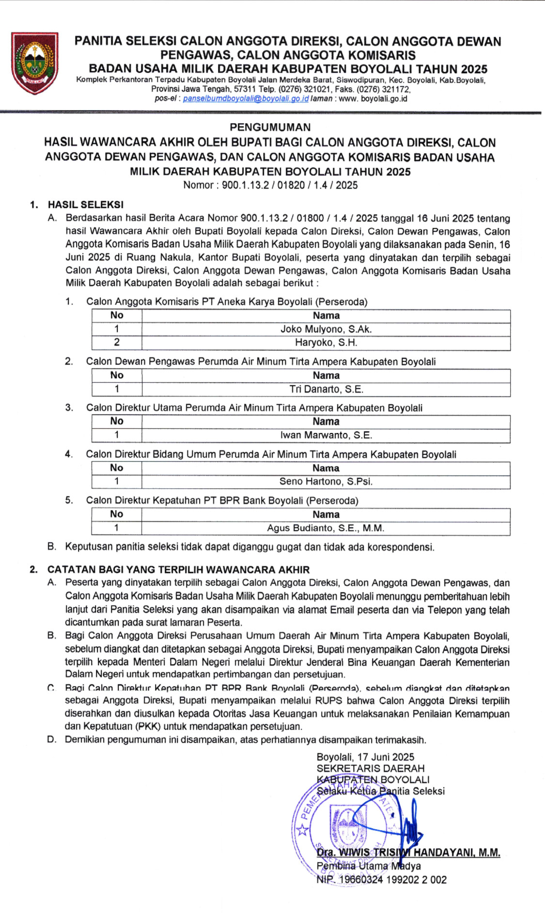 HASIL WAWANCARA AKHIR OLEH BUPATI BAGI CALON ANGGOTA DIREKSI, CALON ANGGOTA DEWAS , ANGGOTA KOMISARIS BUMD KABUPATEN BOYOLALI 2025