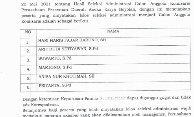 HASIL SELEKSI ADMINISTRASI CALON ANGGOTA KOMISARIS PERUSAHAAN PERSEROAN DAERAH ANEKA KARYA KABUPATEN...