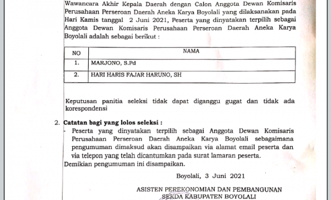 HASIL SELEKSI TEST WAWANCARA AKHIR CALON ANGGOTA DEWAN KOMISARIS PERUSAHAAN UMUM DAERAH AIR MINUM T...