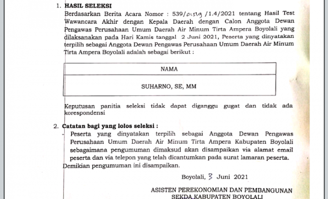 HASIL SELEKSI TEST WAWANCARA AKHIR CALON ANGGOTA DEWAN PENGAWAS PERUSAHAAN UMUM DAERAH AIR MINUM TIR...