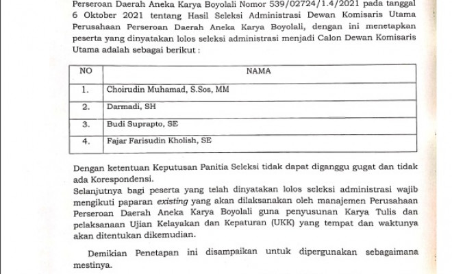 Hasil Seleksi Administrasi Calon Dewan Komisaris Utama Perusahaan Perseroan Daerah Aneka Karya Kabup...