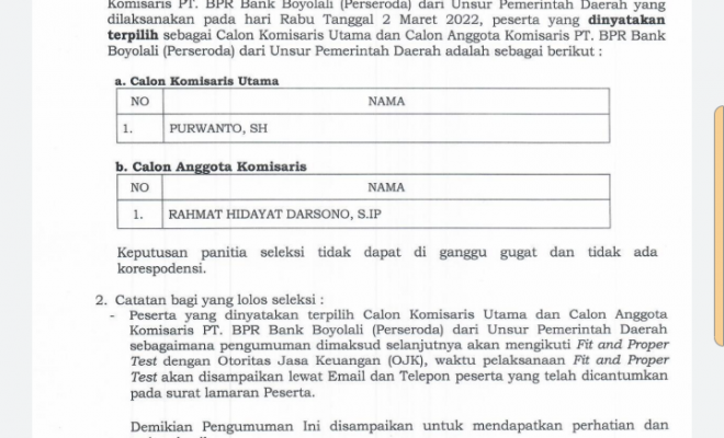 HASIL TEST SELEKSI WAWANCARA DENGAN KEPALA DAERAH SELEKSI CALON KOMISARIS UTAMA DAN CALON ANGGOTA K...