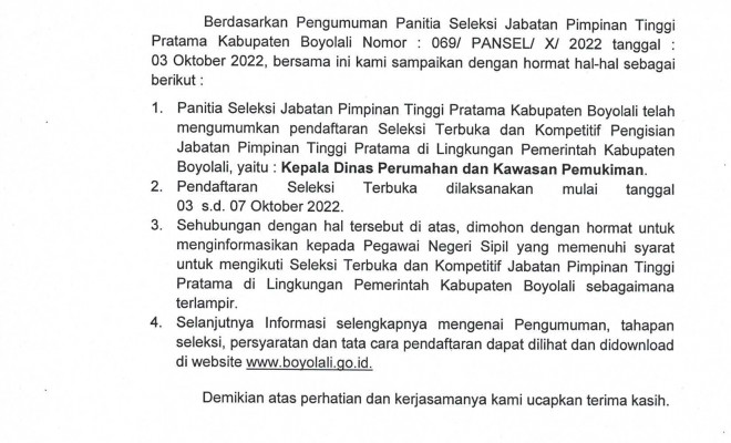 PENGUMUMAN SELEKSI TERBUKA JPT PRATAMA KABUPATEN BOYOLALI TAHUN 2022