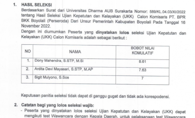 HASIL UKK SELEKSI KOMISARIS PT BKK PERSERODA BOYOLALI 2022