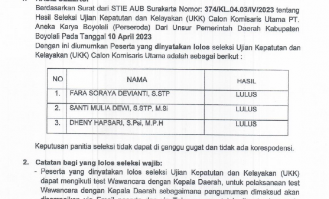 Pengumuman Hasil UKK Administrasi Seleksi Calon Komisaris Utama PT Aneka Karya Boyolali Dari Unsur...