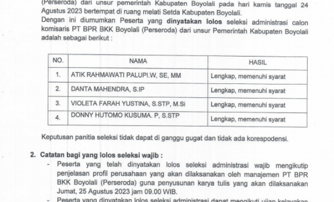 HASIL PENGUMUMAN ADMINISTRASI CALON KOMISARIS PT BPR BKK BOYOLALI DARI UNSUR PEMERINTAHAN KABUPATEN...