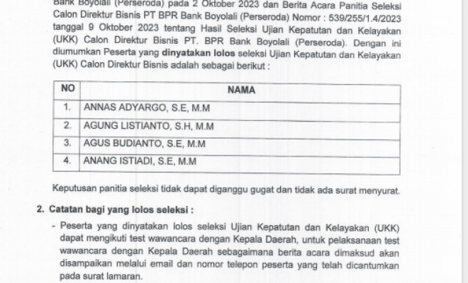 HASIL SELEKSI UJIAN KEPATUTAN DAN KELAYAKAN CALON DIREKTUR BISNIS PT.BPR BANK BOYOLALI PERSERODA TAH...