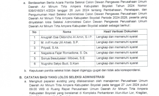 PENGUMUMAN HASIL SELEKSI ADMINISTRASI CALON DEWAS PERUSAHAAN UMUM DAERAH AIR MINUM TIRTA AMPERA 202...
