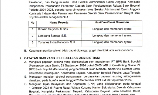 PENGUMUMAN HASIL SELEKSI ADMINISTRASI CALON ANGGOTA KOMISARIS INDEPENDENT PERUSAHAAN PERSEROAN DAERA...