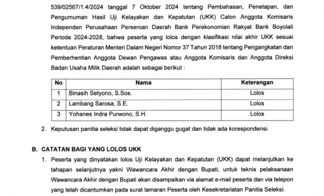 PENGUMUMAN HASIL SELEKSI UJI KELAYAKAN DAN KEPATUTAN ( UKK ) CALON ANGGOTA KOMISARIS INDEPENDENT PER...